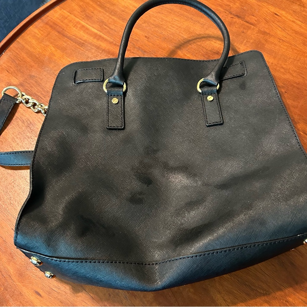 MICHAEL KORS Hamilton Saffiano Leather Large Satchel Black Gold - Picture 6 of 10